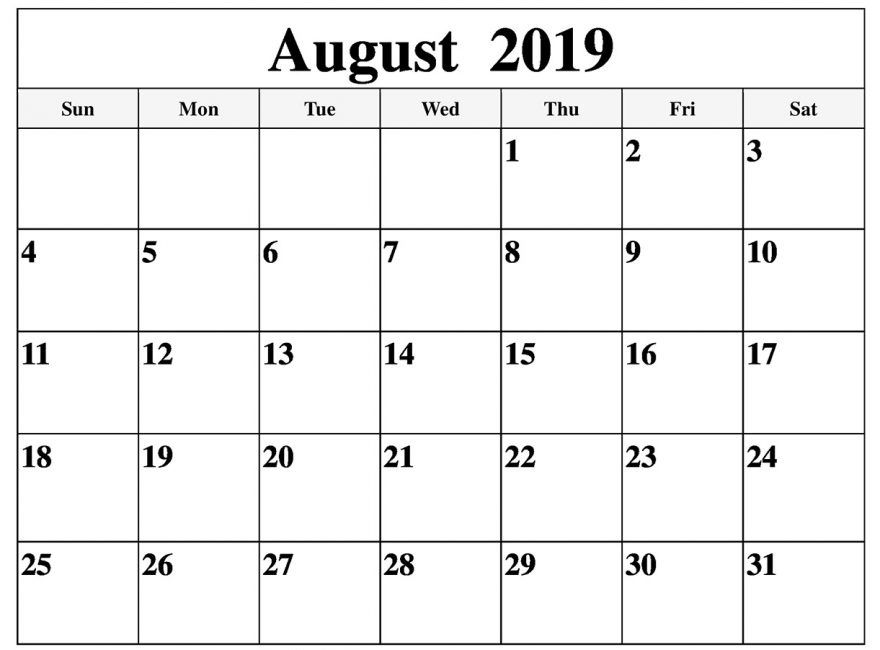 August 2019 Calendar Printable