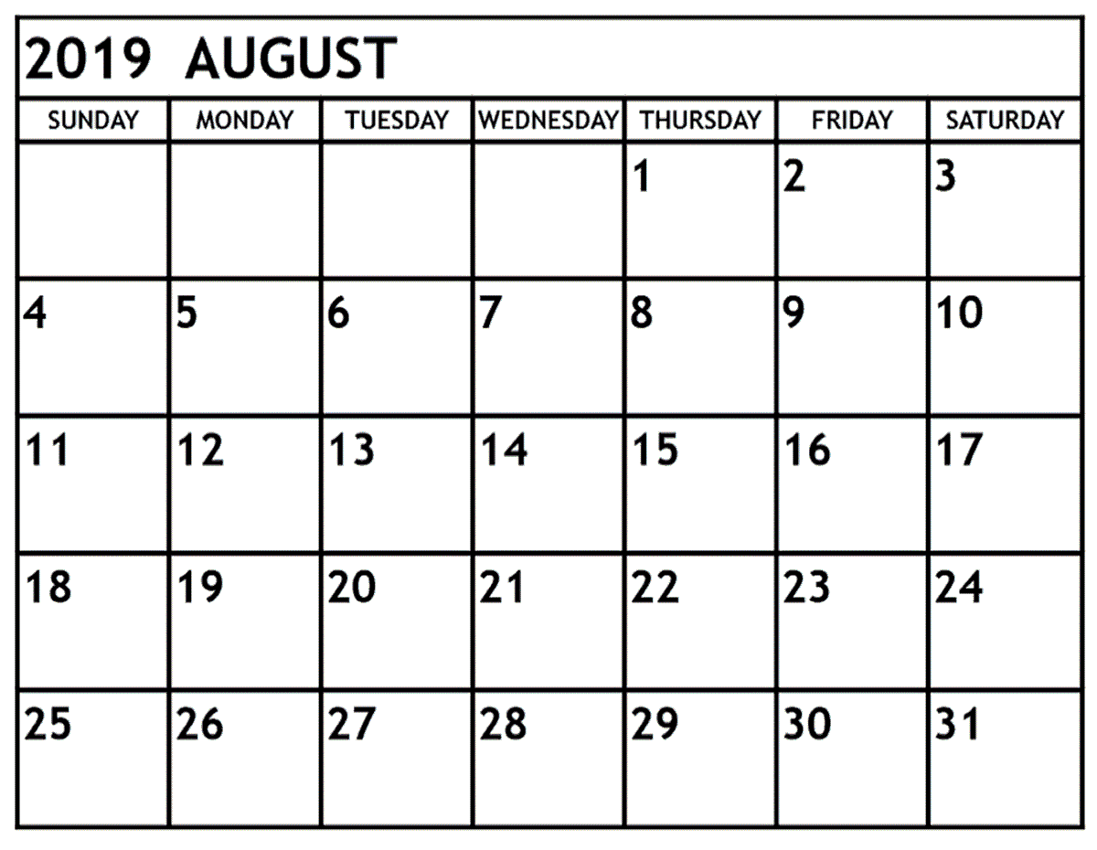 August 2019 Calendar Printable