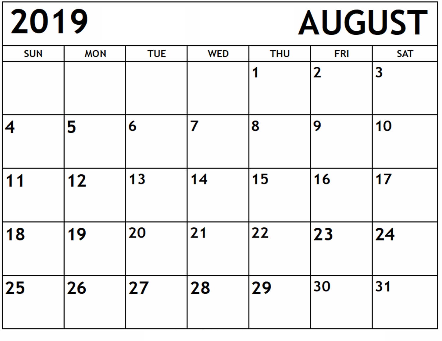 August 2019 Calendar Printable