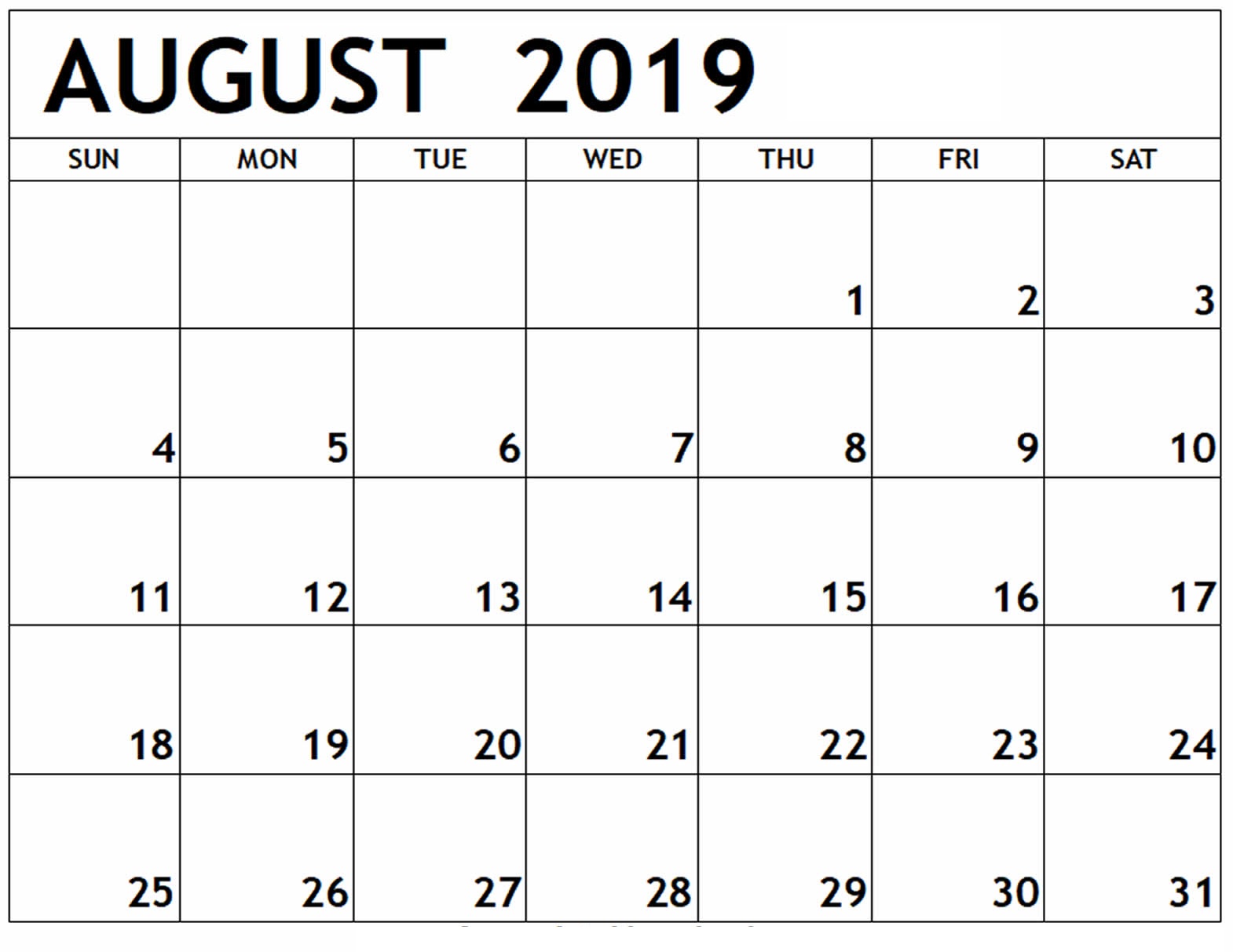 August 2019 Calendar Printable