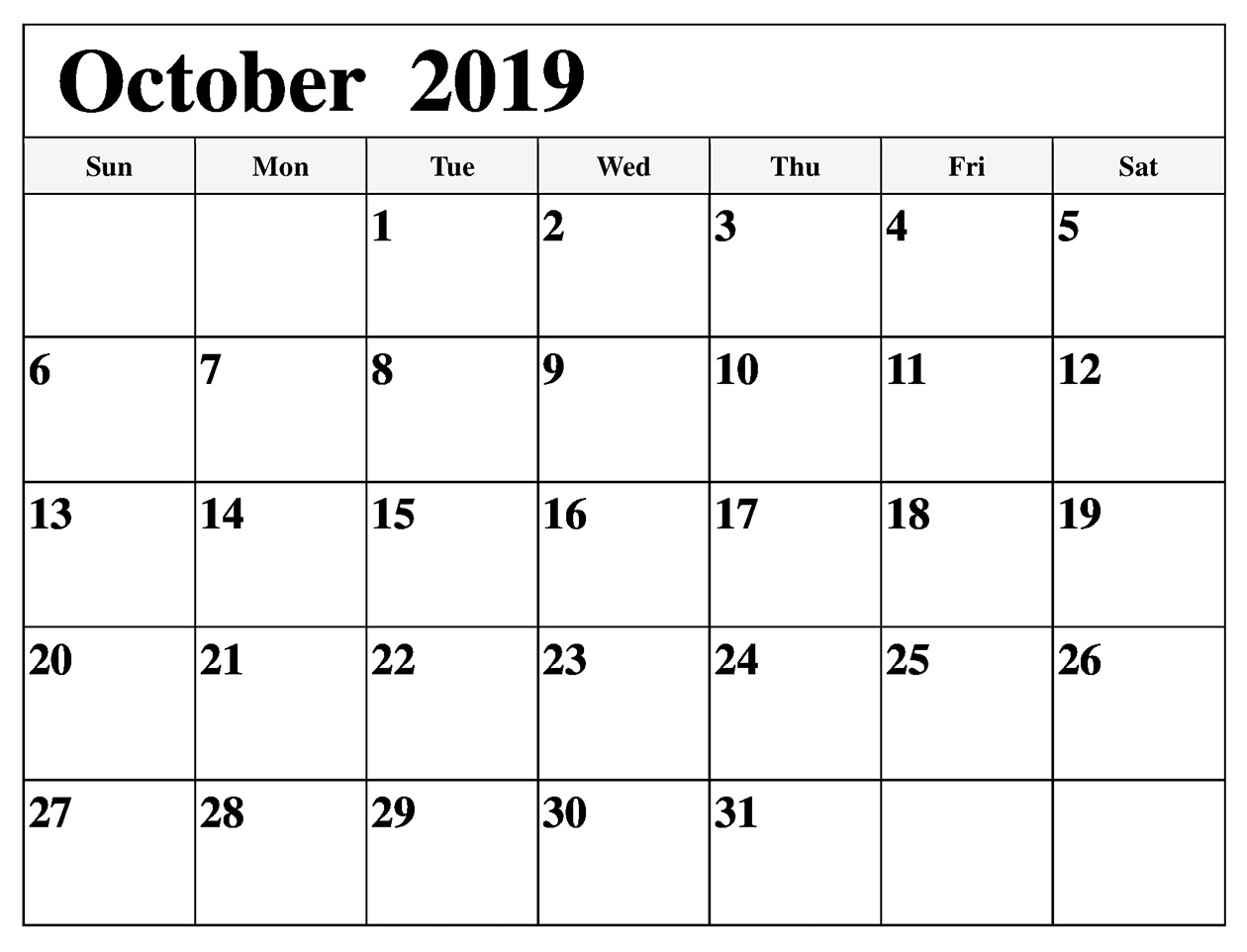 October 2019 Calendar Printable