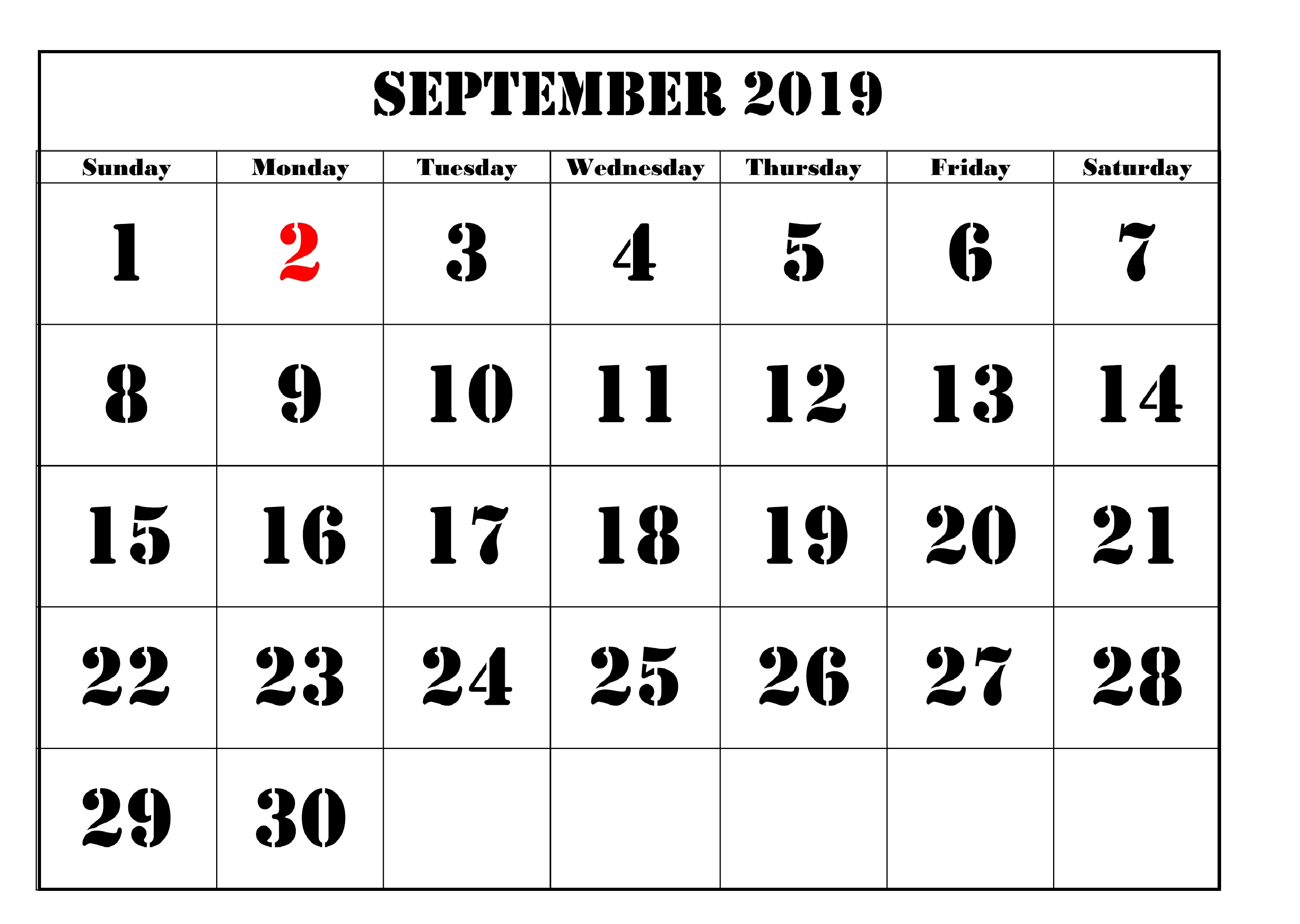 September 2019 Calendar Printable
