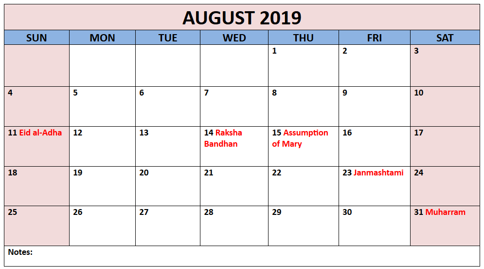 August 2019 Calendar With Holidays