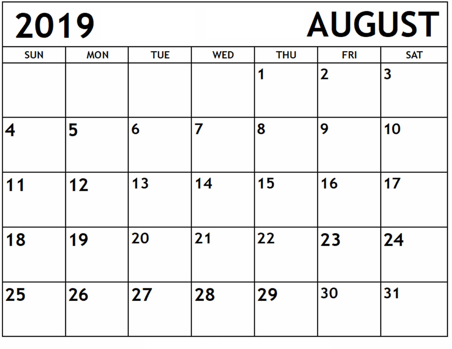 August 2019 Monthly Calendar PDF