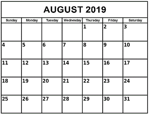 August 2019 Printable Calendar