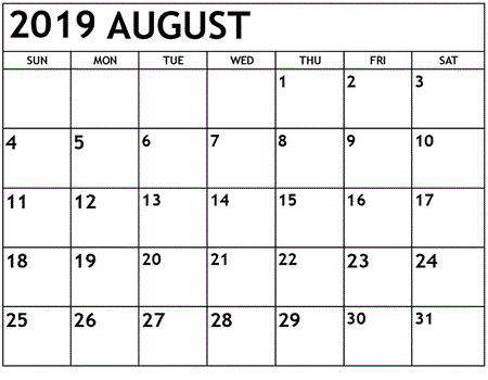 Blank Calendar August 2019