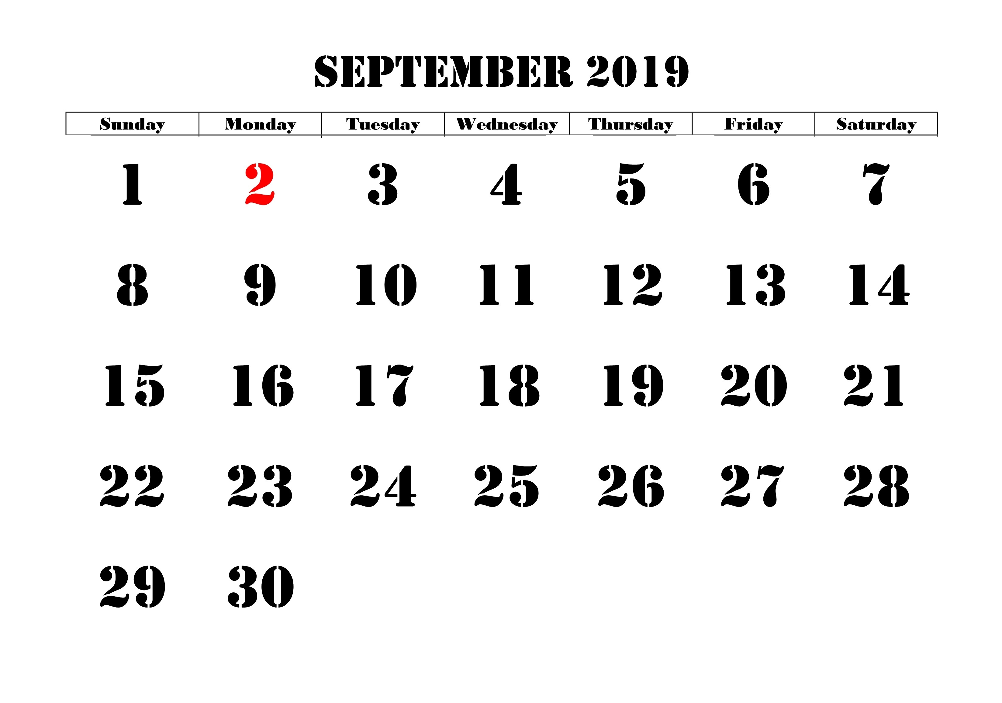 Blank September 2019 Calendar