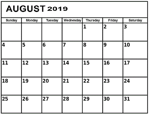 Calendar August 2019