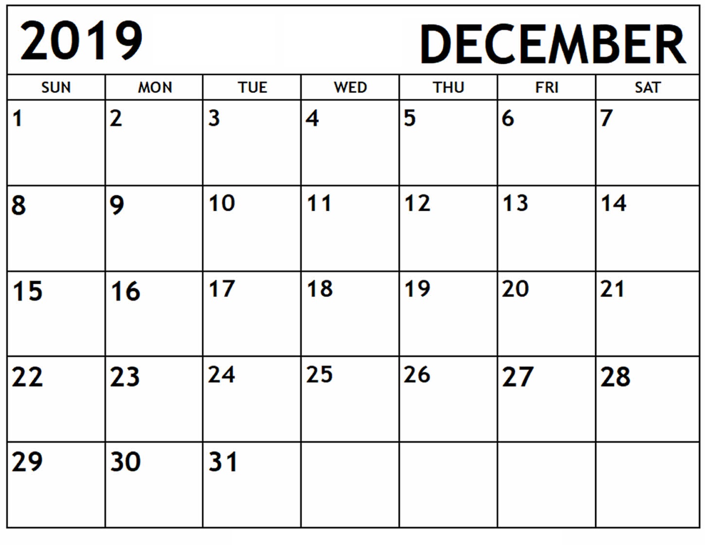 December 2019 Calendar Printable