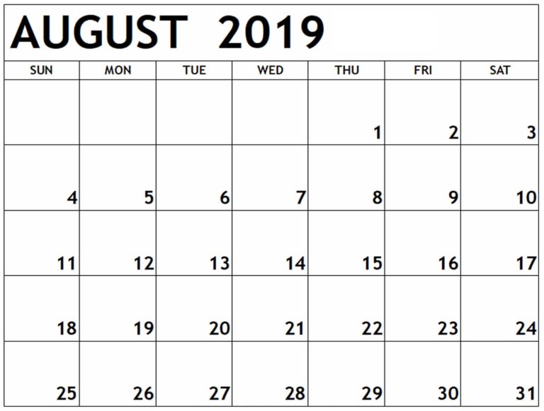 Printable Calendar August 2019 Excel, Word, PDF | Free Printable Calendar