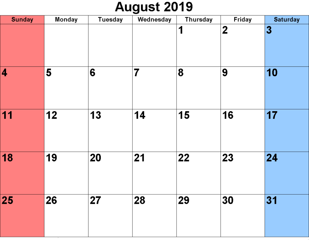 Printable August 2019 Calendar For School Management Free Printable