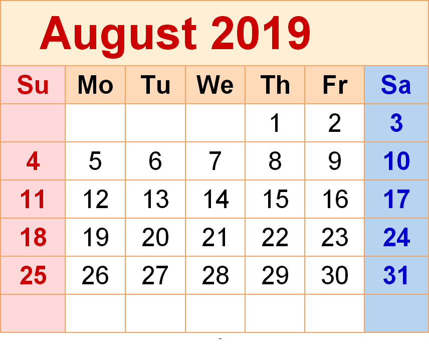 Printable August 2019 Calendar