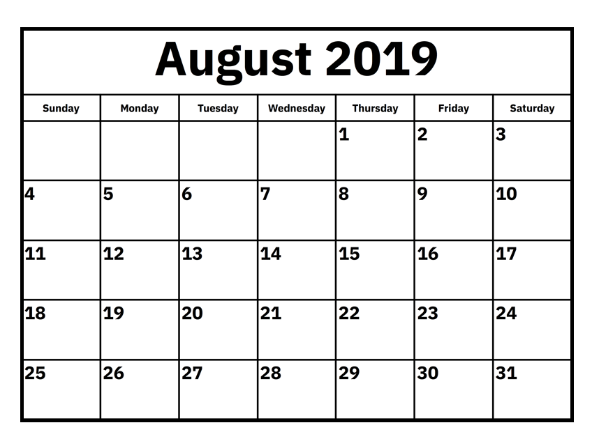 August 2019 Monthly Calendar For Office Management | Free Printable ...