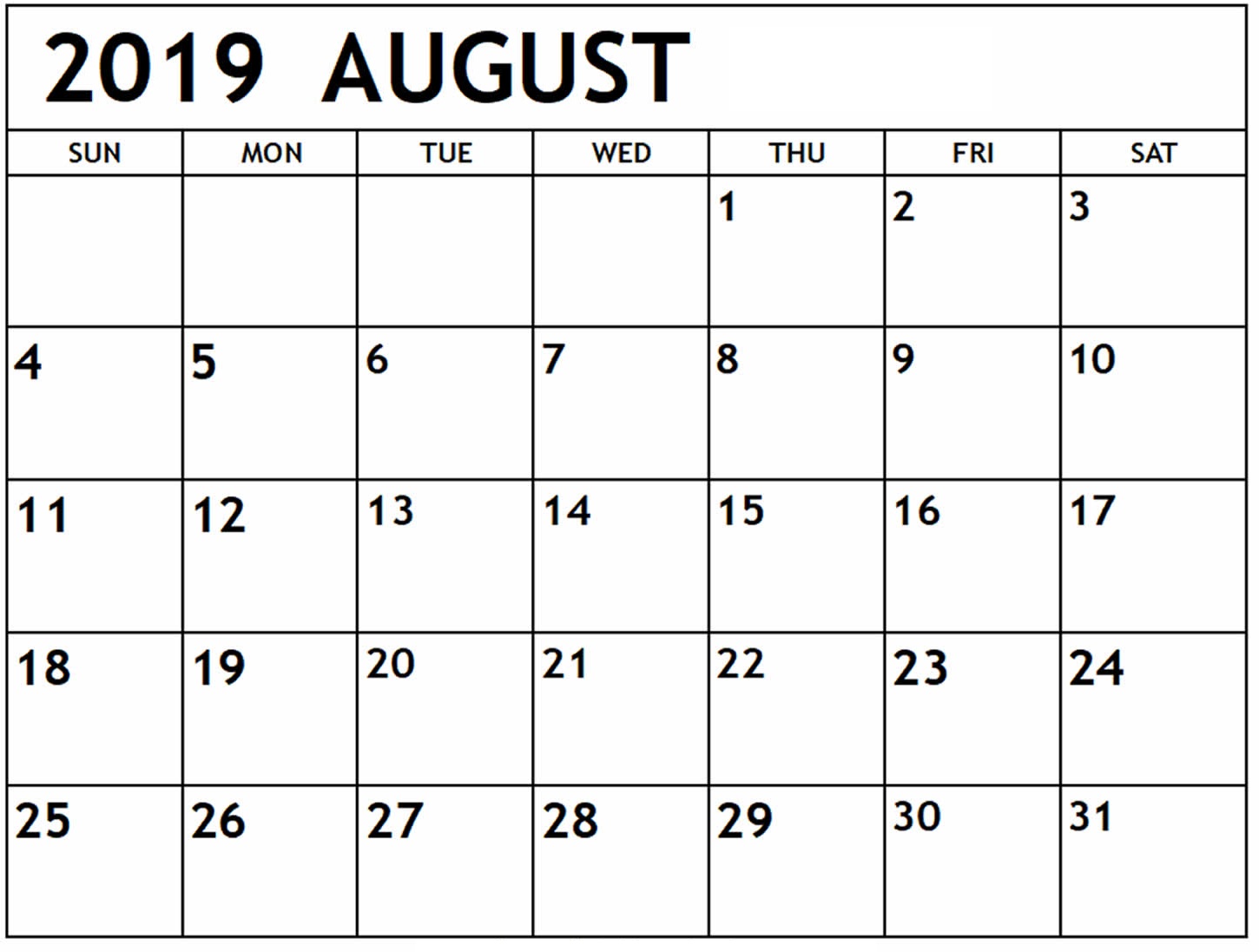 Printable Calendar August 2019