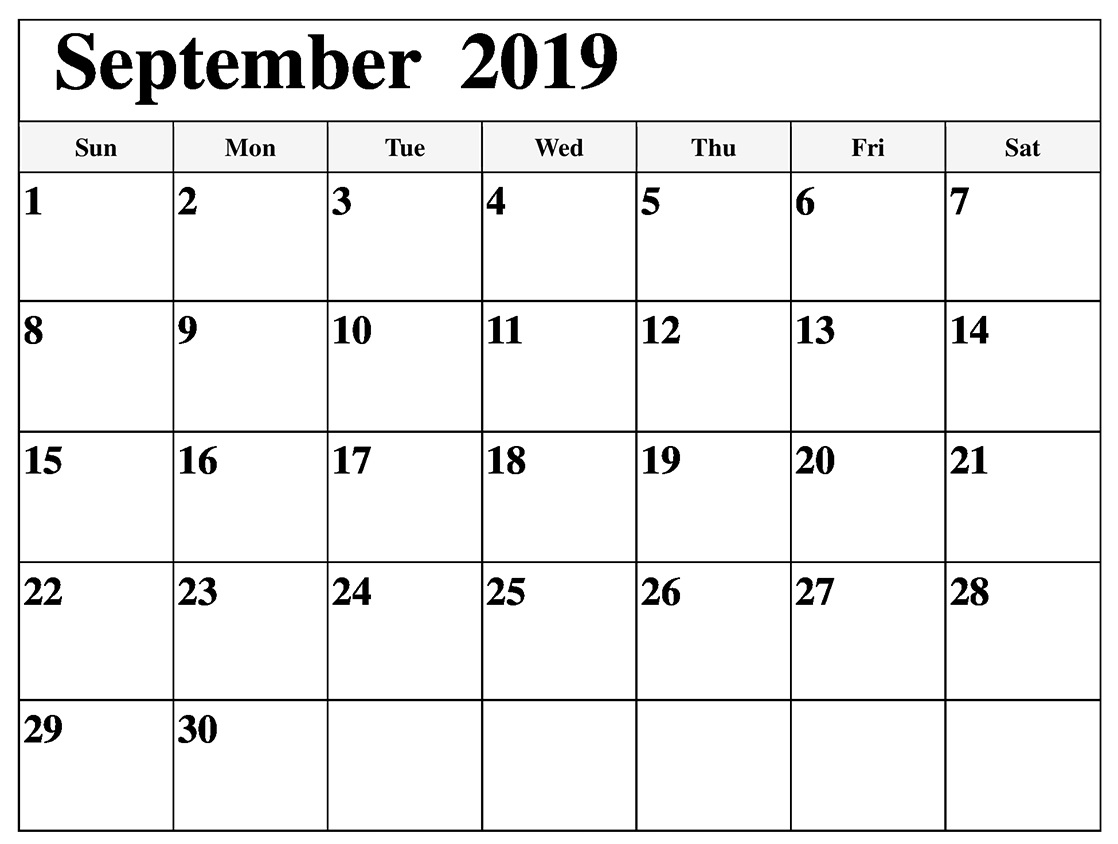 September 2019 Monthly Calendar