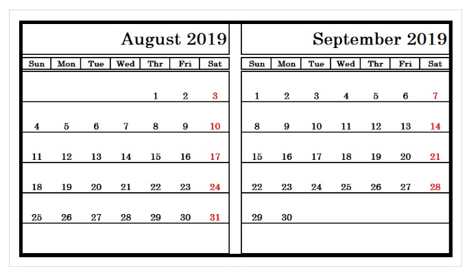 August September 2019 Calendar