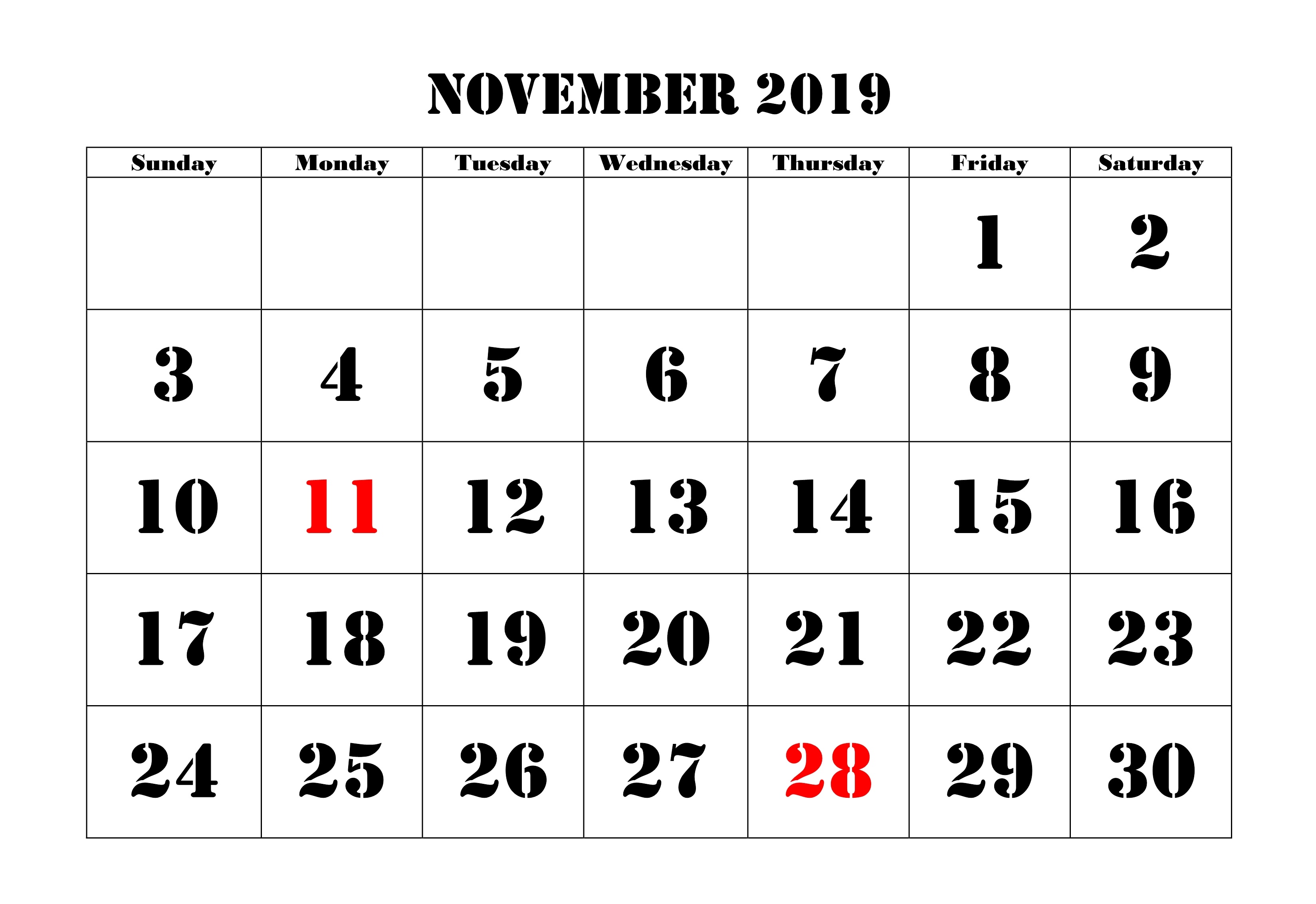 November 2019 Monthly Calendar