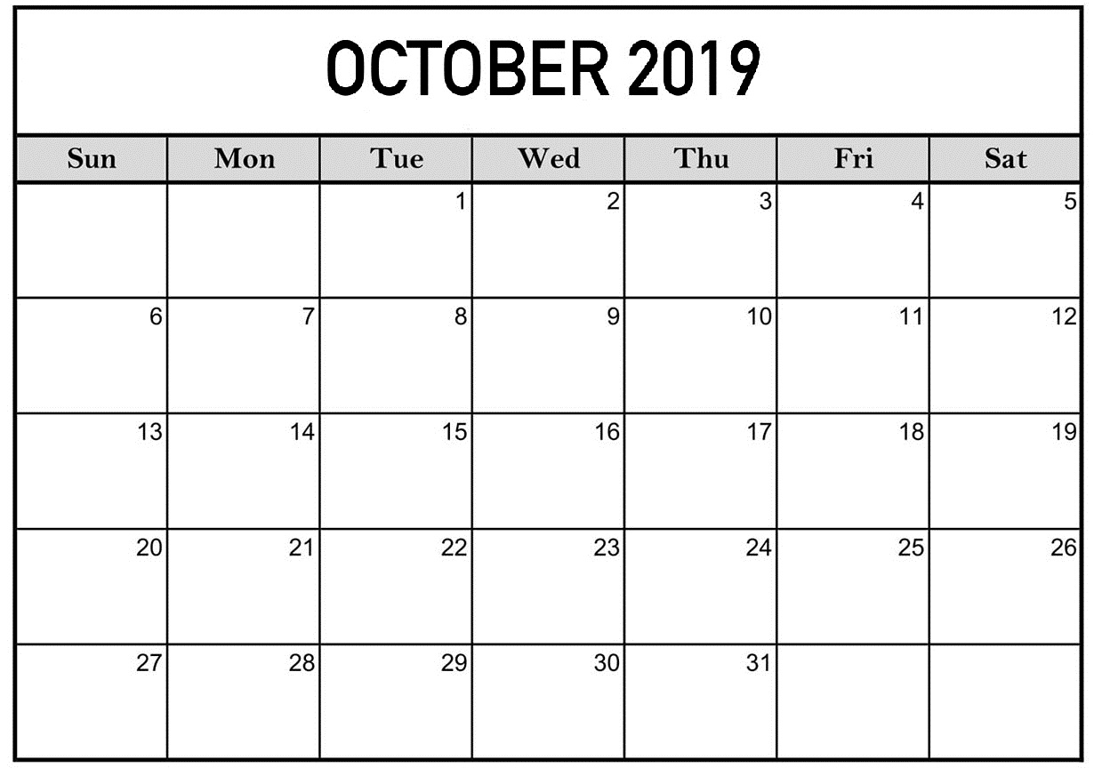 October 2019 Monthly Calendar