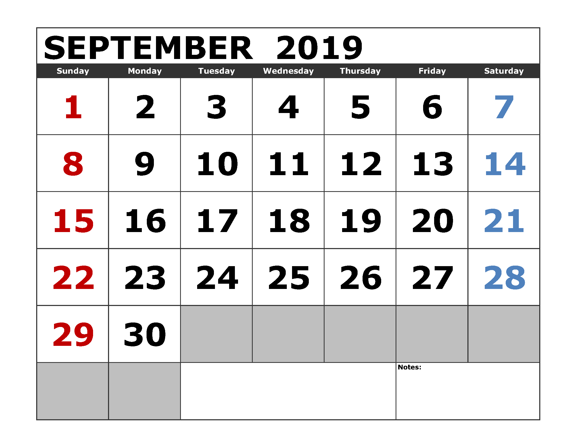 September 2019 Calendar Printable - Printable Word Searches