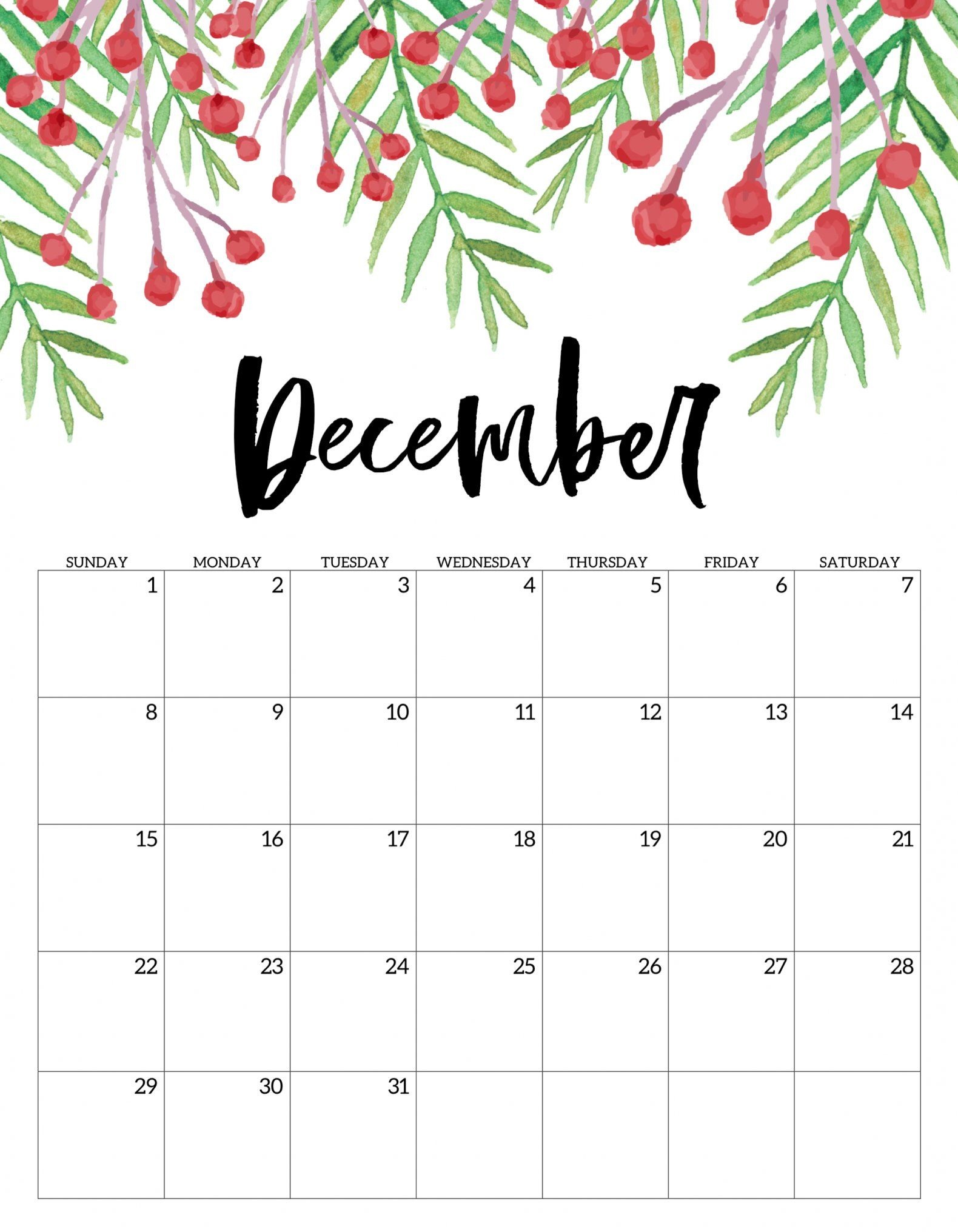Calendar December 2019 Printable Template