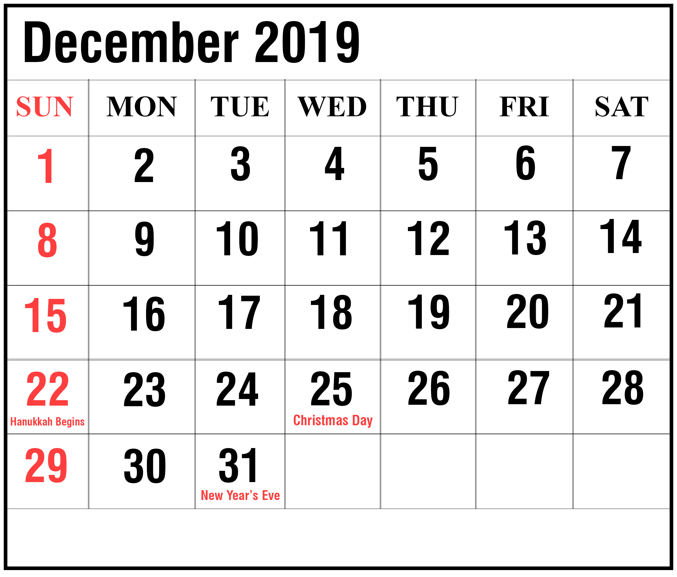 December 2019 Calendar With Holidays :- For Events Managemnet | Free ...