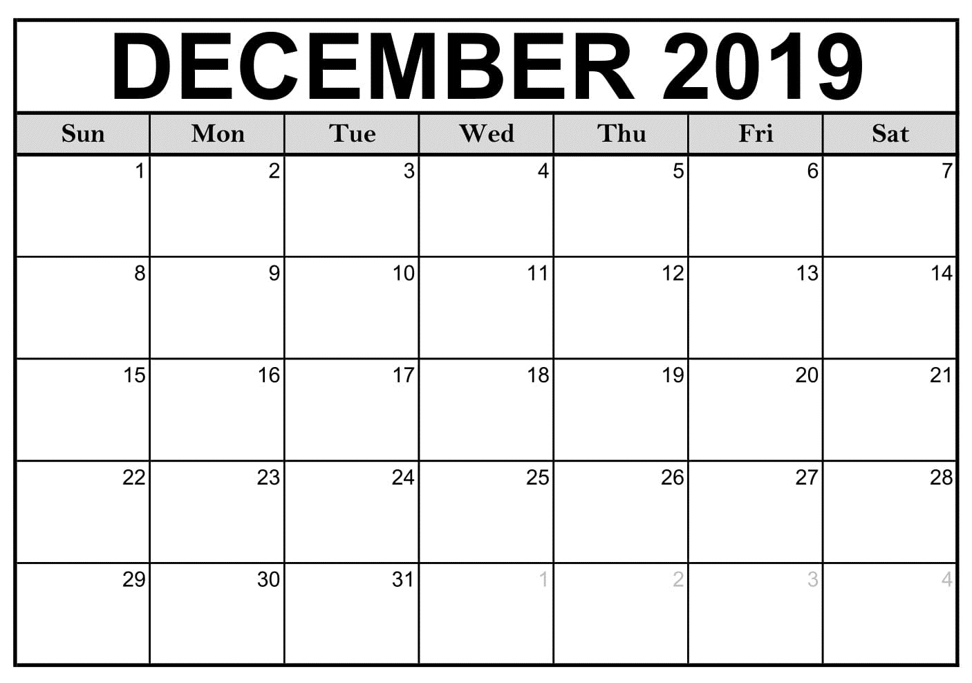 December 2019 Monthly Calendar