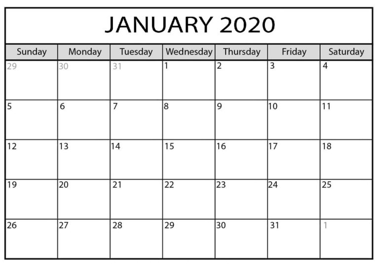 January 2020 Printable Calendar PDF Layout | Free Printable Calendar