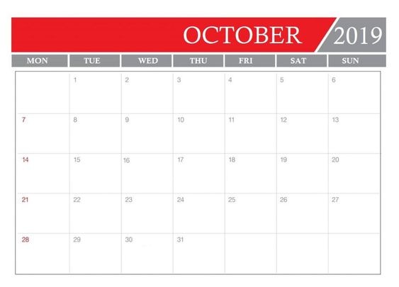 October 2019 Calendar Word