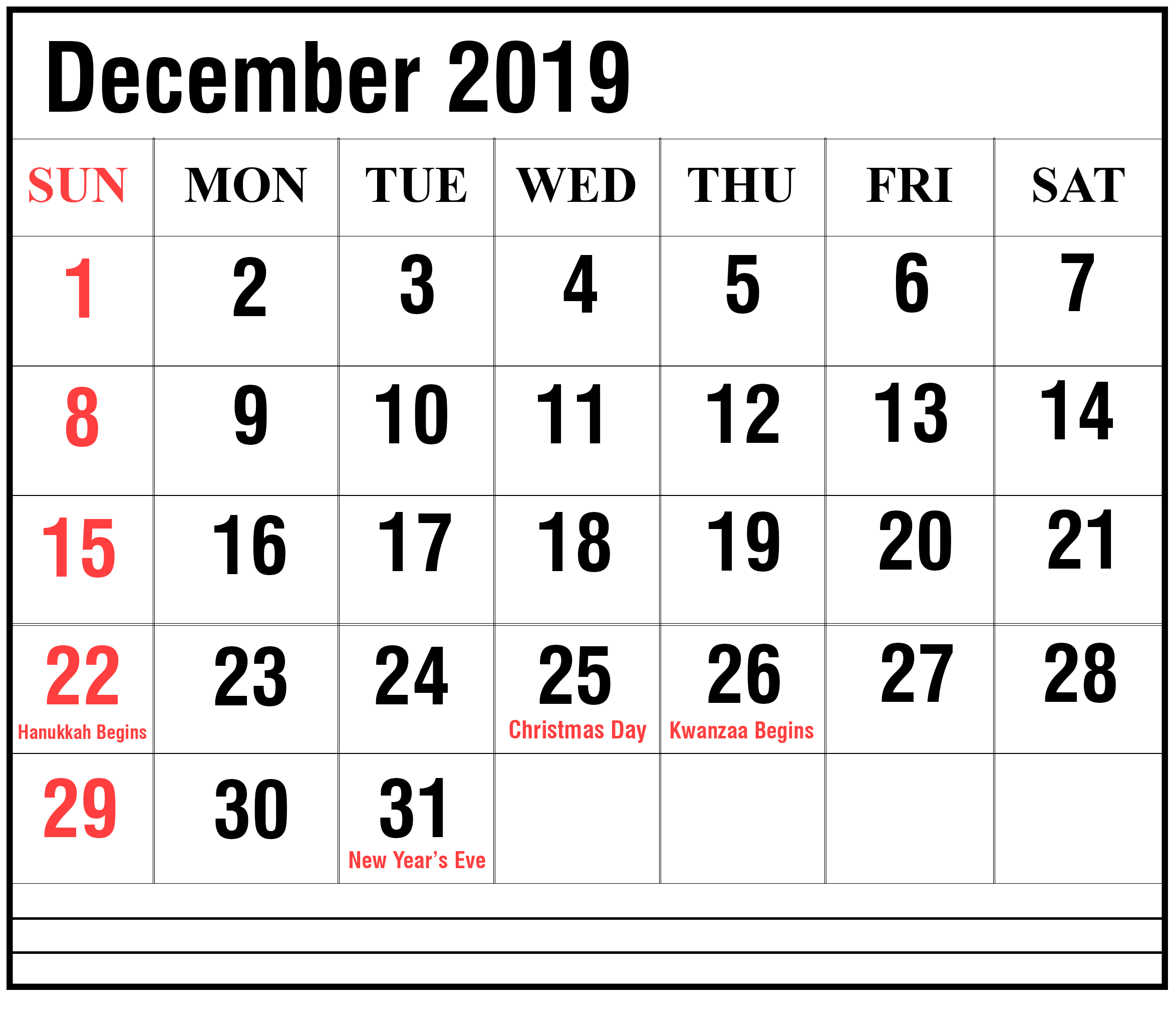 Printable 2019 December Calendar