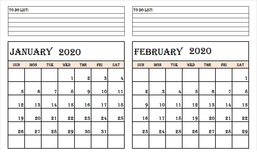 Blank January And February 2020 Calendar