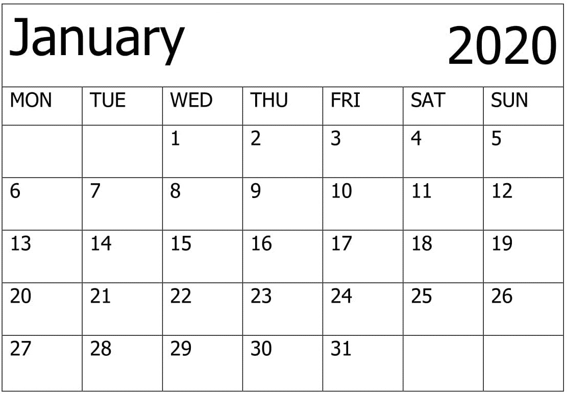 Calendar January 2020 Printable For Kids