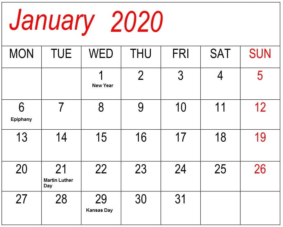 Calendar January Calendar 2020