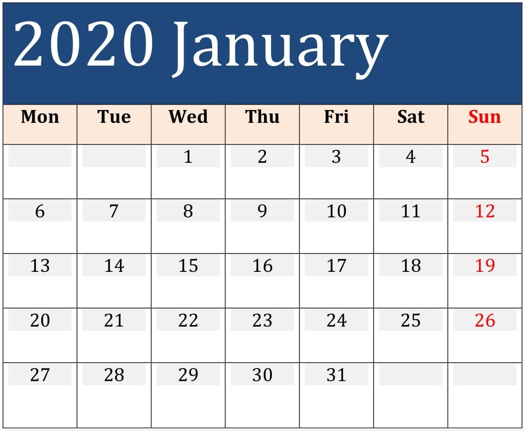 Free 2020 January Calendar