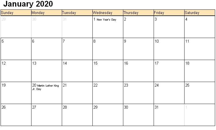 January 2020 Calendar PDF