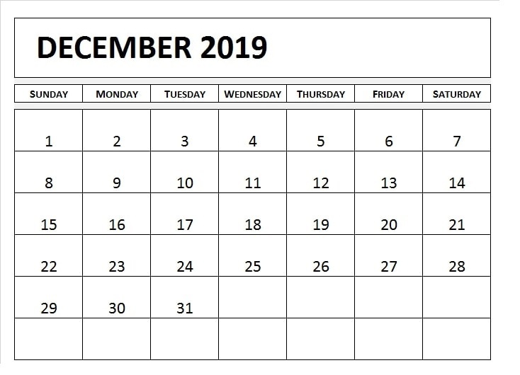 Printable Calendar December 2019 Page