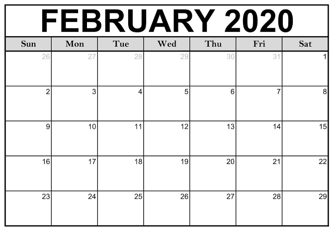 Blank February 2020 Calendar Excel