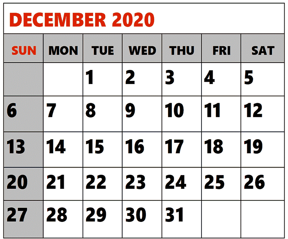 Cute December 2020 Calendar Large Print