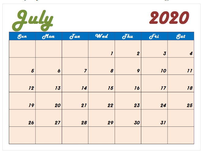 Cute July 2020 Calendar