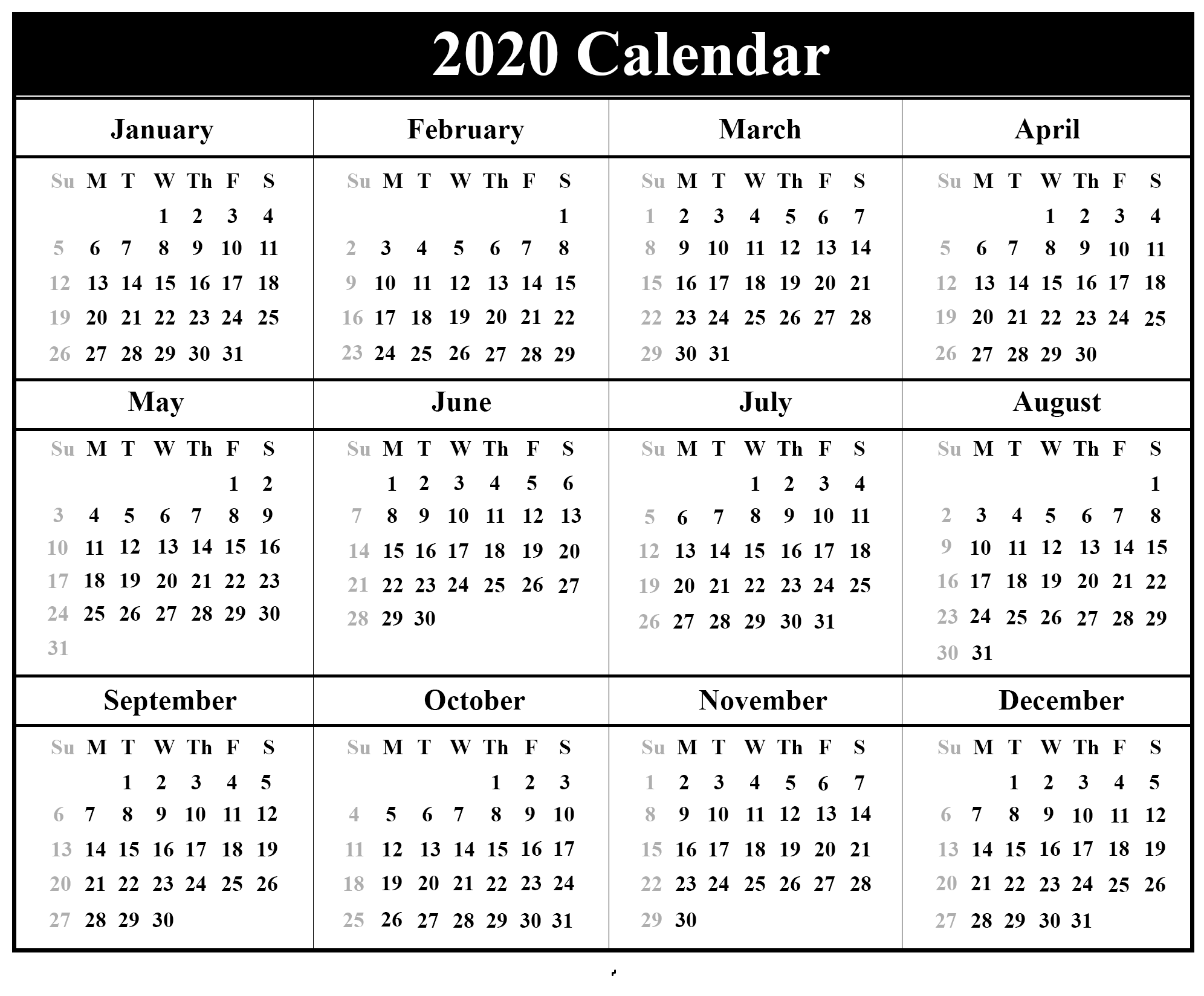 Cute Yearly 2020 Calendar Printable | Free Printable Calendar