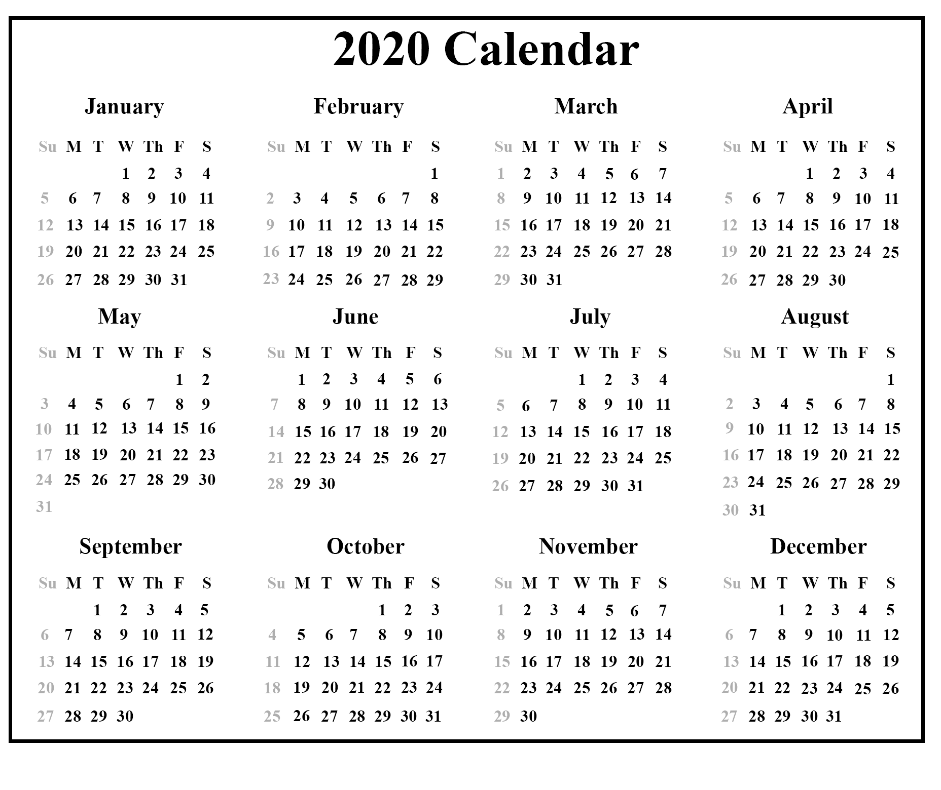 Yearly 2020 Calendar Lunar