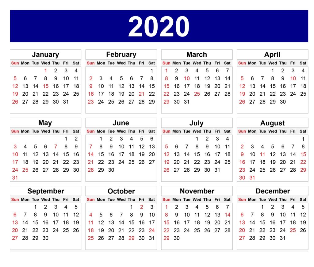 Cute Yearly 2020 Calendar Printable 
