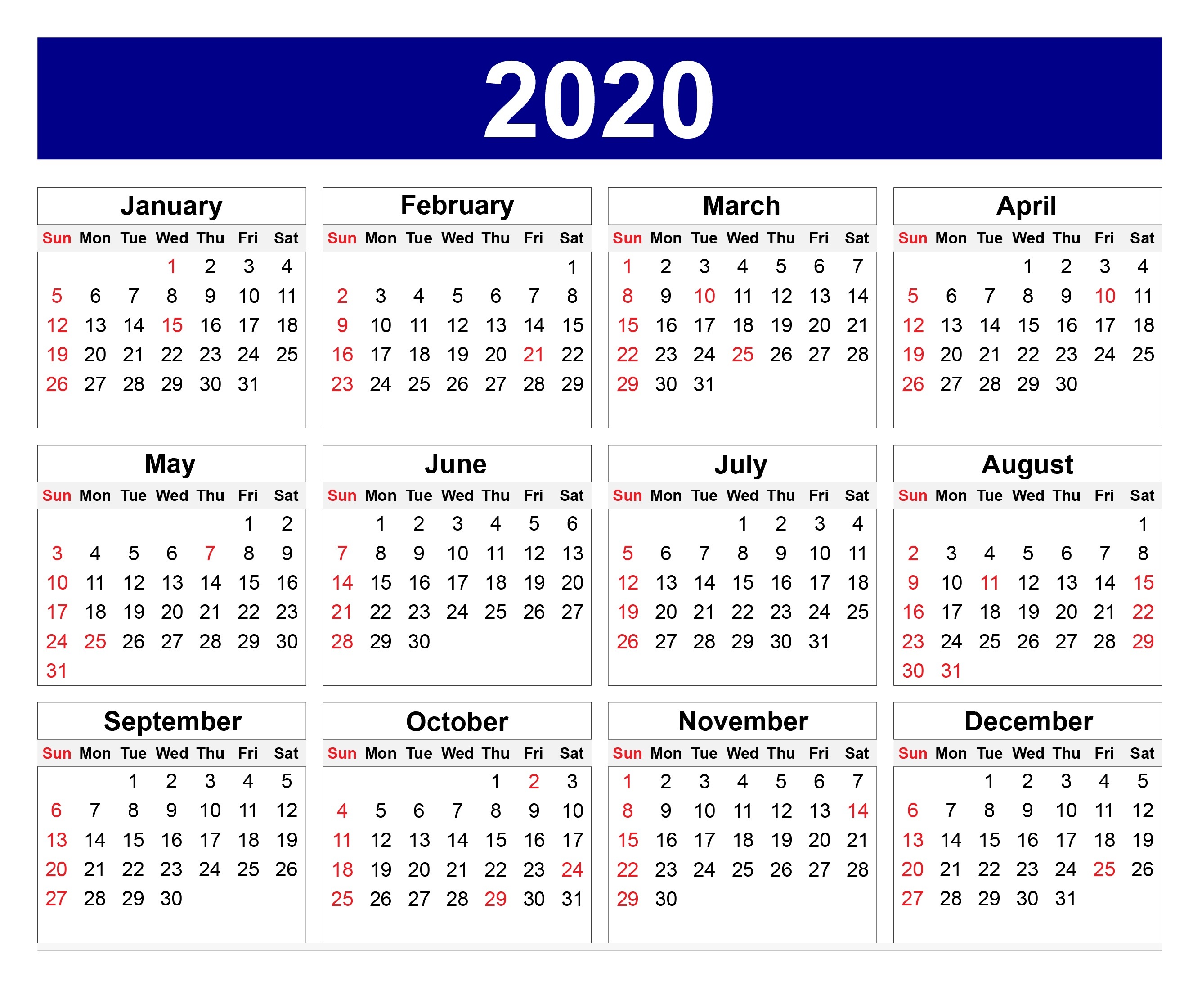 Cute Yearly 2020 Calendar Printable | Free Printable Calendar