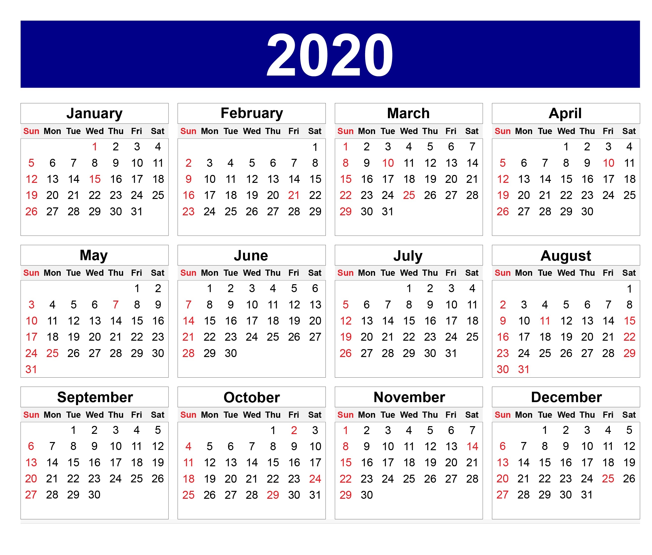 Yearly 2020 Calendar Printable