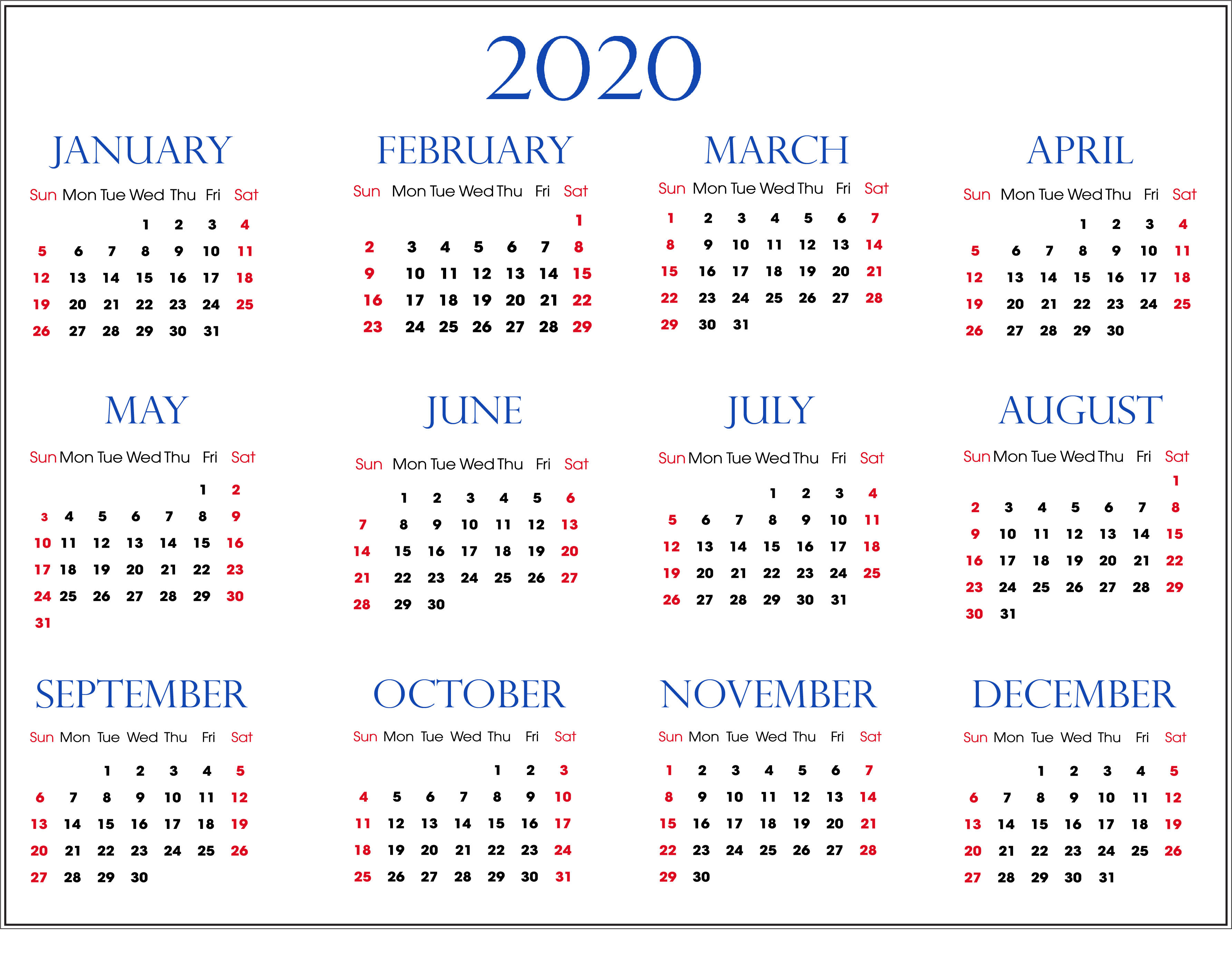 Printable Yearly Calendar 2020 Wall