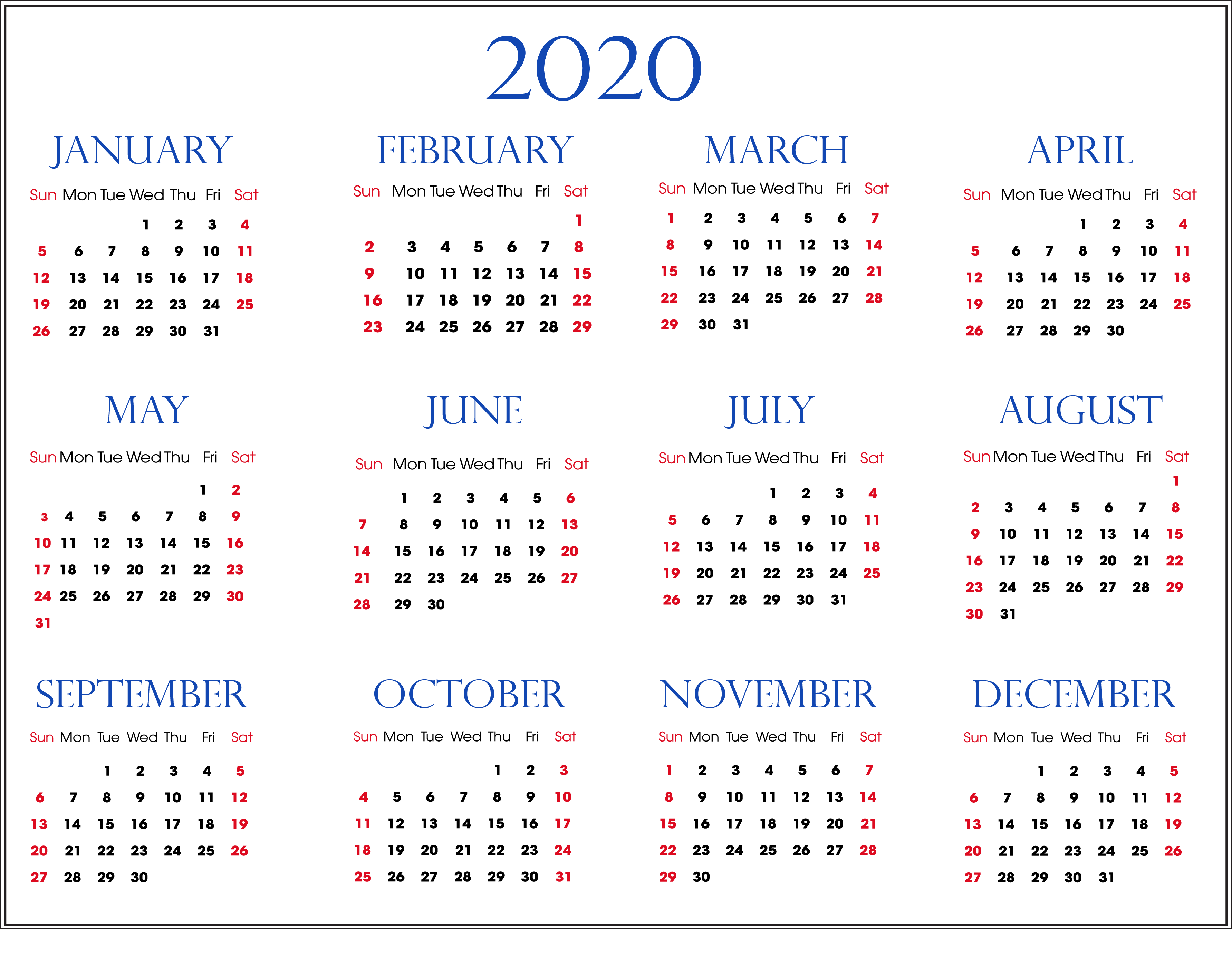 Yearly 2020 Calendar Printable