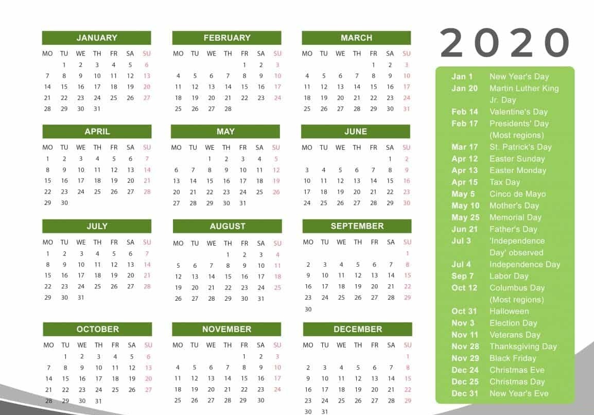 Yearly 2020 Calendar Vertical