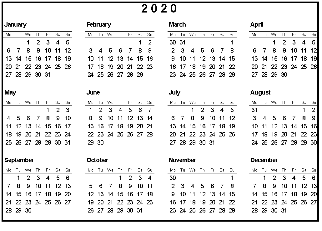 Yearly 2020 Calendar