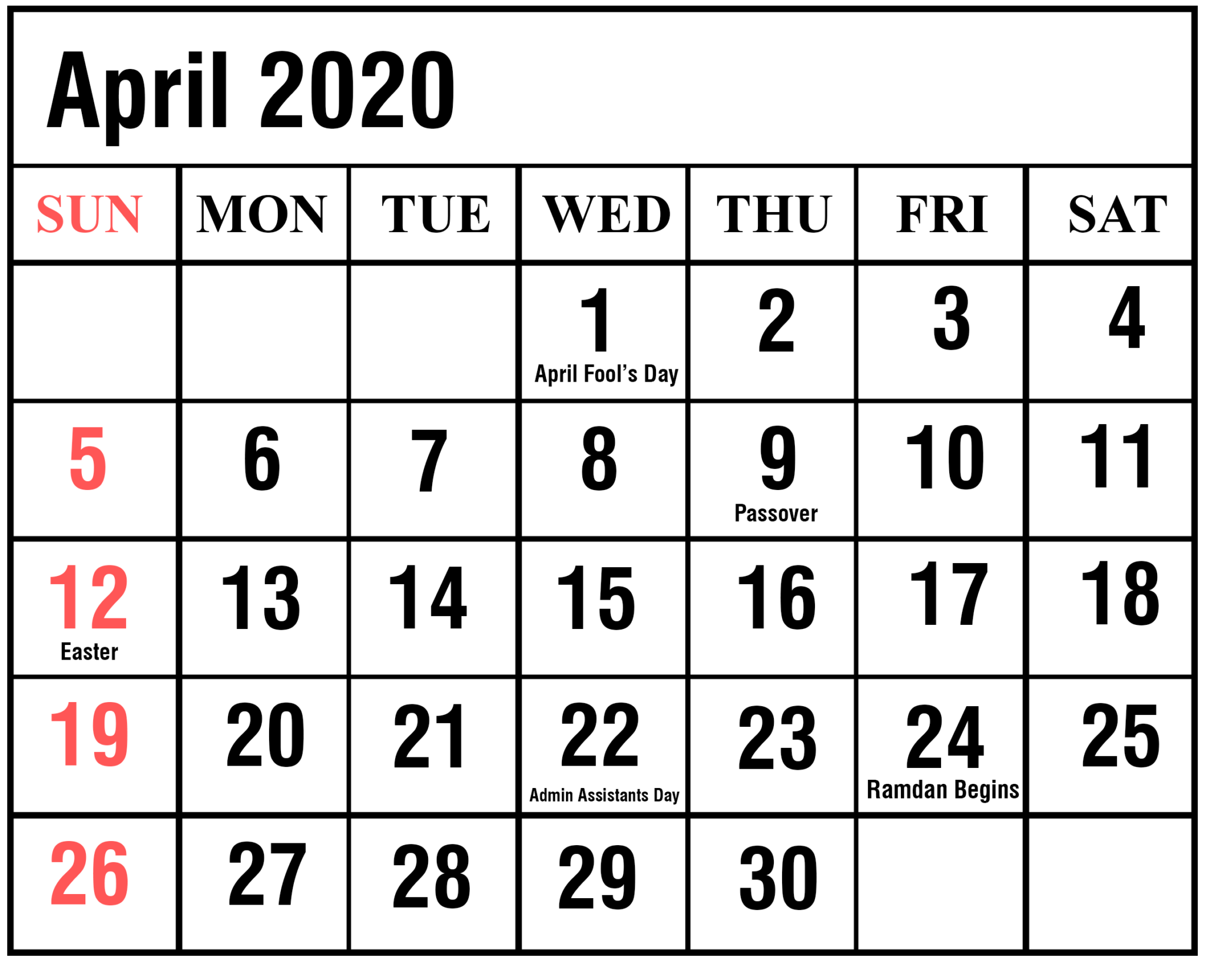 April 2020 Calendar PDF Sheet For Exam Free Printable Calendar
