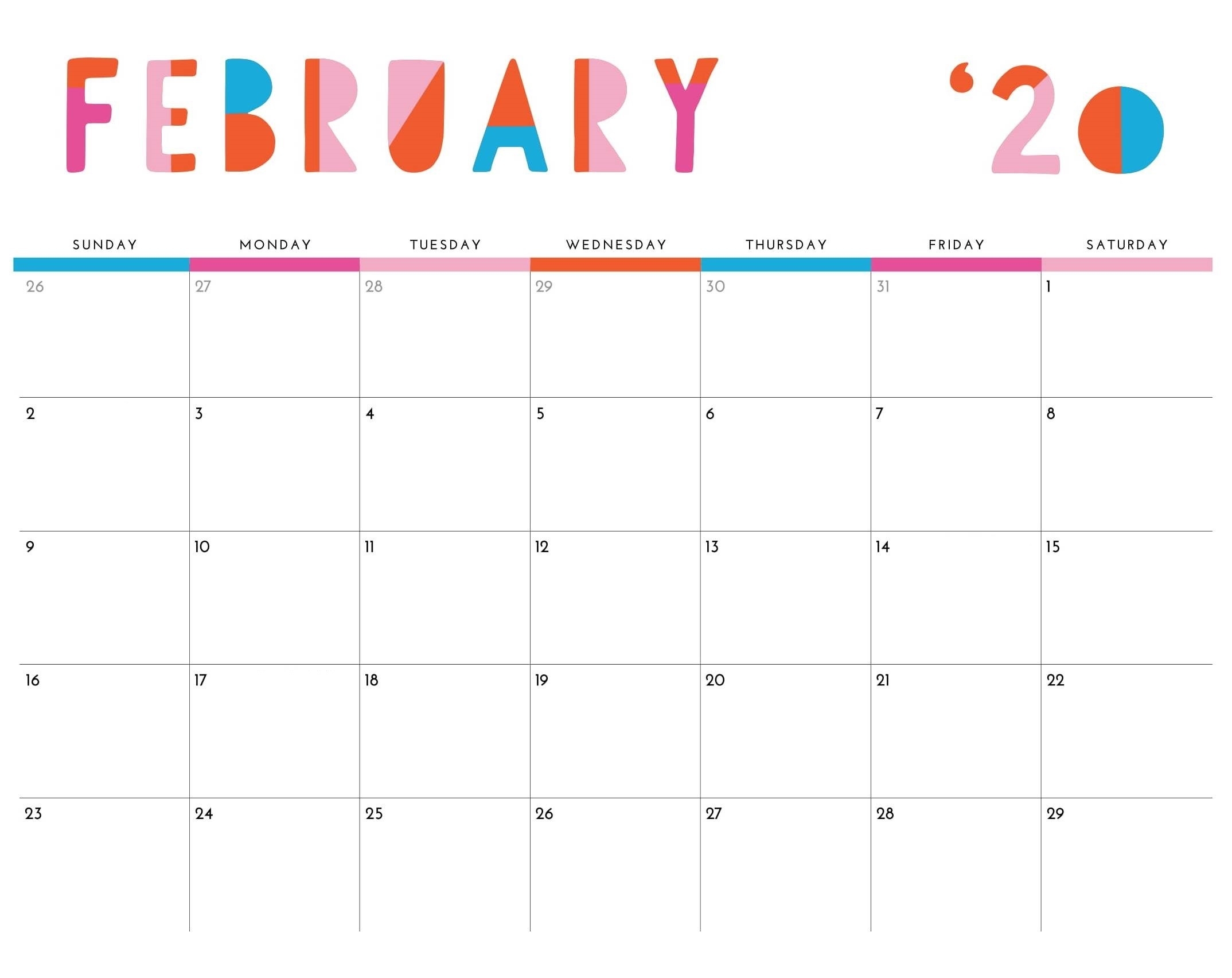 February 2020 Calendar US Holidays Events List