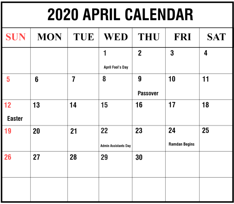 Printable April 2020 Calendar With Holidays Plan | Free Printable Calendar